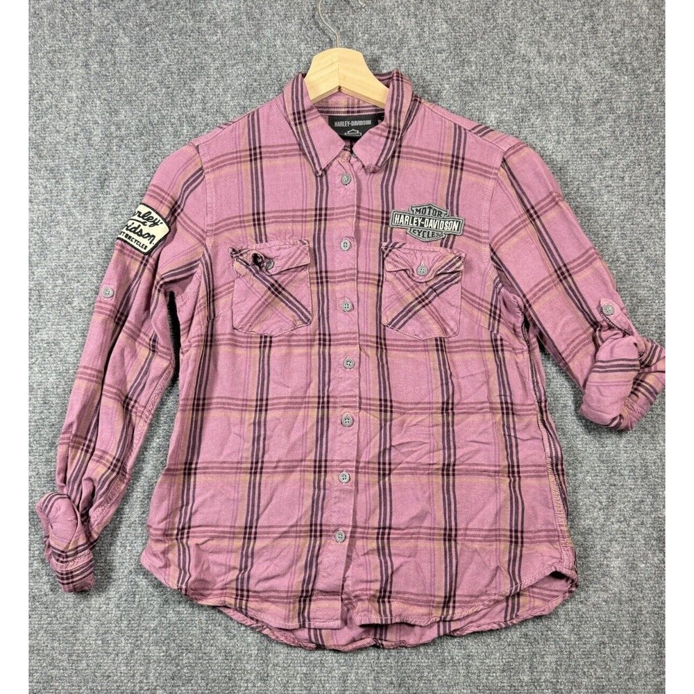 Harley Davidson Long Sleeve Womens S Purple Plaid Button Front 100% Viscose HD